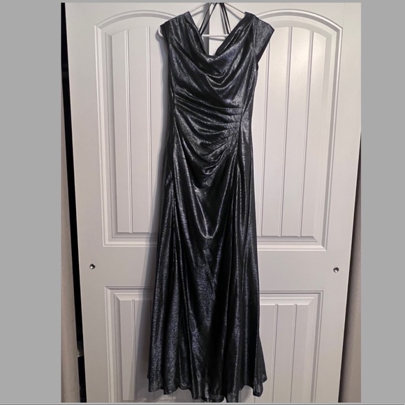 Dresses & Skirts - Tahari ASL NAVY BLUE Metallic Foil Cap Sleeve Cowl Neck Ruched Gown